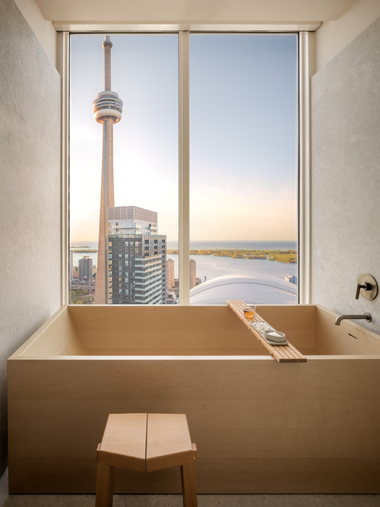 Custom japanese soaking wooden bathtub in Nobu Toronto